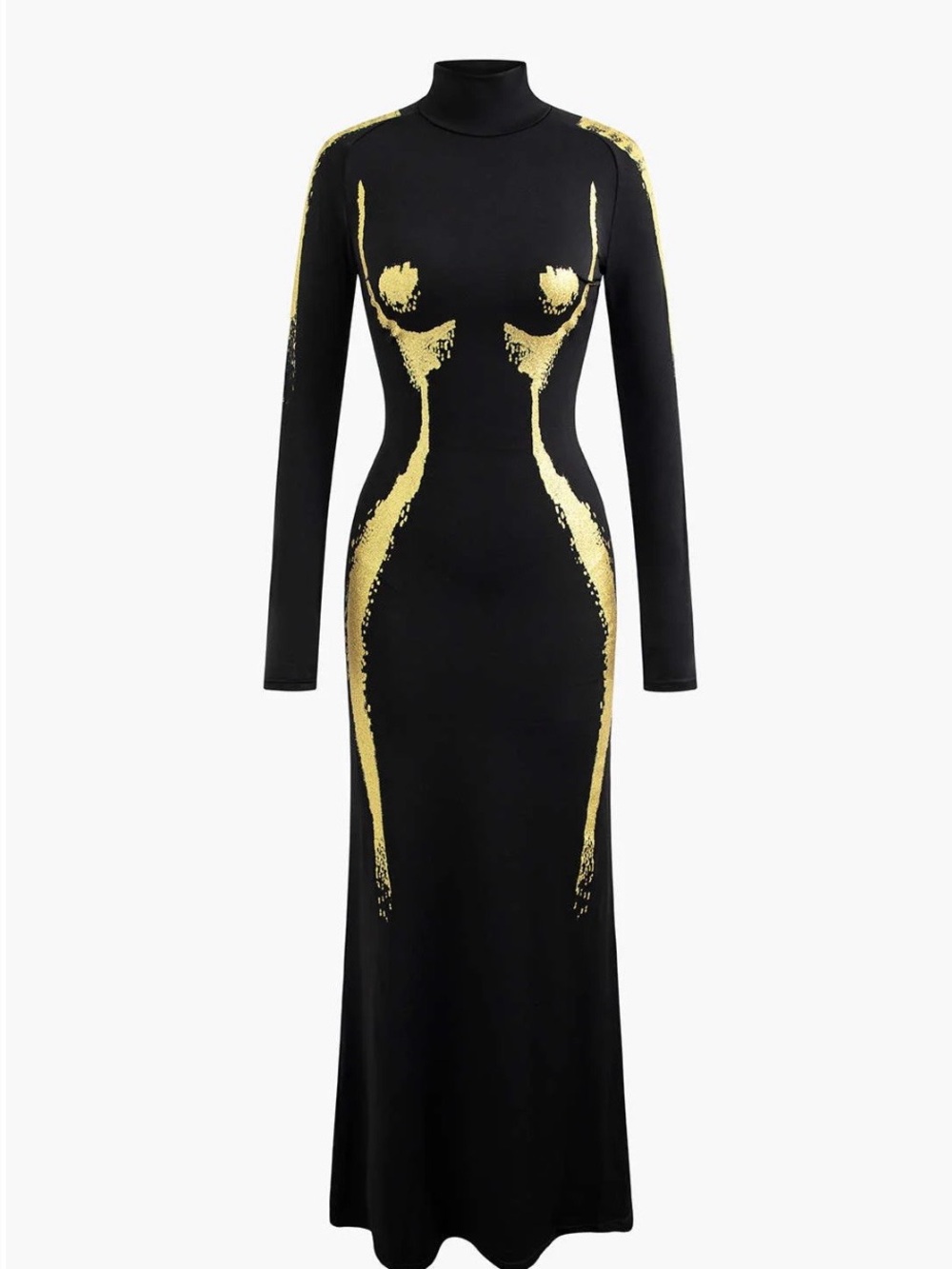 Black & Gold Sculptural Long Sleeve Maxi Dress